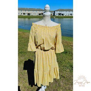SOLD OUT - Off The Shoulder Floral Boho Short Dress - Dusty Yellow - Davi & Dani